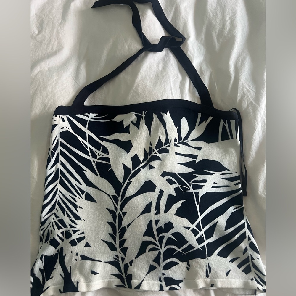 Ann Taylor Black and White Leaf Print Halter Top L